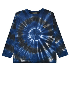 Dunkelblaues Batikshirt für Kinder mit einzigartigem Batikmuster, aus 100 % Baumwolle.