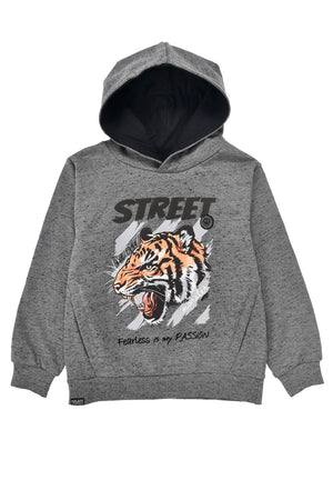 Kapuzenshirt mit einem Tiger bedruckt. Vorne steht der Spruch Street Fearless is my passion