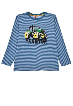 Kinder-Ringelshirt mit Traktor-Motiv und dem Schriftzug „Traktor“ auf der Vorderseite, aus 100 % Baumwolle.