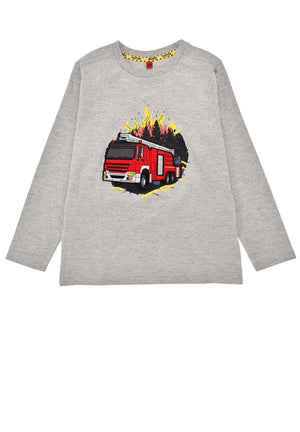 Kinder-Sweater mit großem Feuerwehrauto-Motiv auf der Vorderseite, aus Baumwoll-Polyester-Mix.