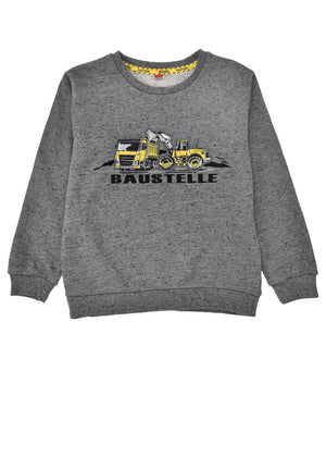 Graues Kinder-Sweatshirt mit bunten Baustellenfahrzeugen wie LKW und Radlader auf der Vorderseite.