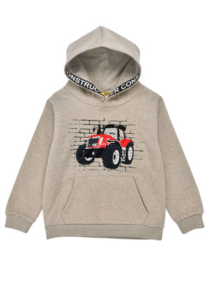 Beiges Kapuzenshirt für Kinder mit Traktor-Motiv, Kängurutasche vorne und elastischen Bündchen an Ärmeln und Saum.