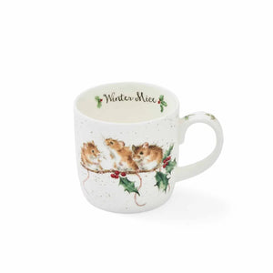 „Wrendale Designs Fine Bone China Weihnachtstasse mit drei Mäusen auf Stechpalmenzweig, festliche Royal Worcester Tasse 310 ml“