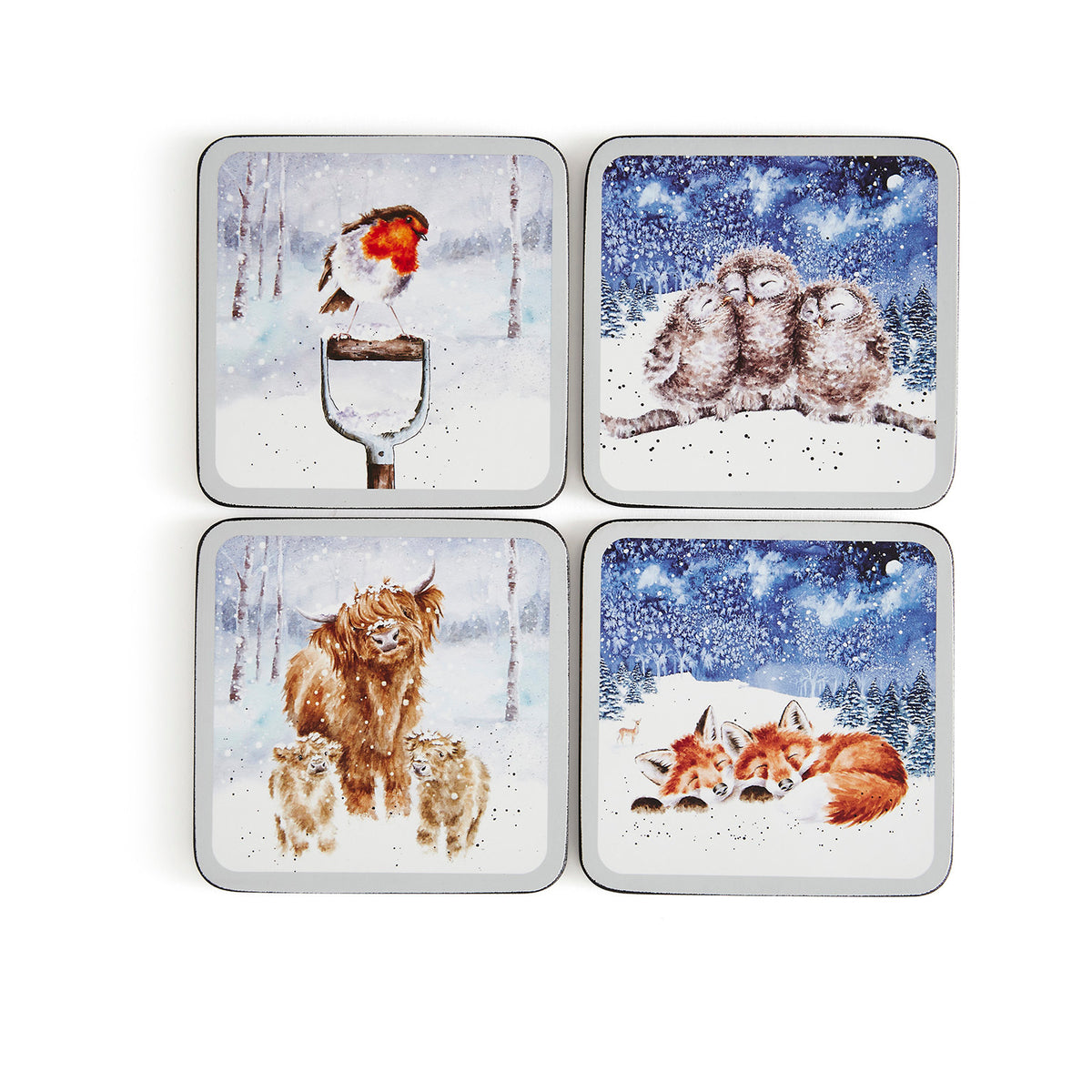 „Festliche Weihnachtsuntersetzer mit liebevollen Tierillustrationen – Wrendale Designs, Illustration von Hannah Dale“