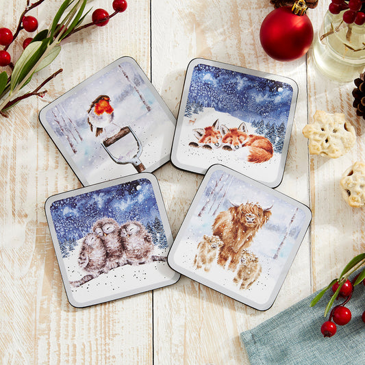 „Weihnachtliche Untersetzer von Wrendale Designs mit Kuh, Fuchs, Eule und Rotkehlchen – festliches Tiermotiv von Hannah Dale“