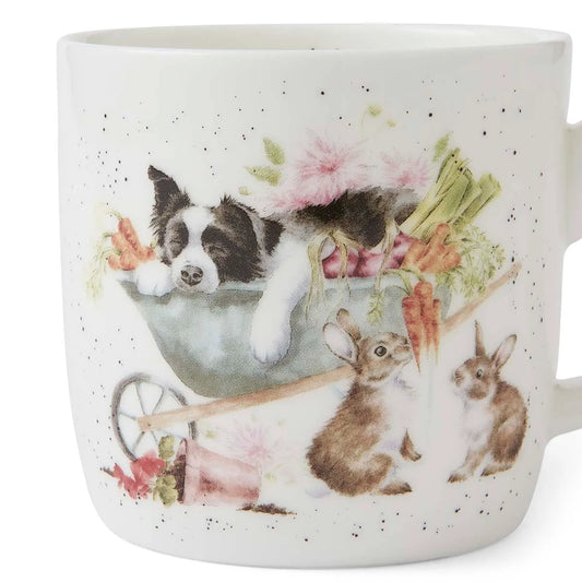Wrendale Designs Porzellantasse von Royal Worcester mit Hund, Hasen & Katze. Perfektes Geschenk für Garten- und Tierliebhaber.