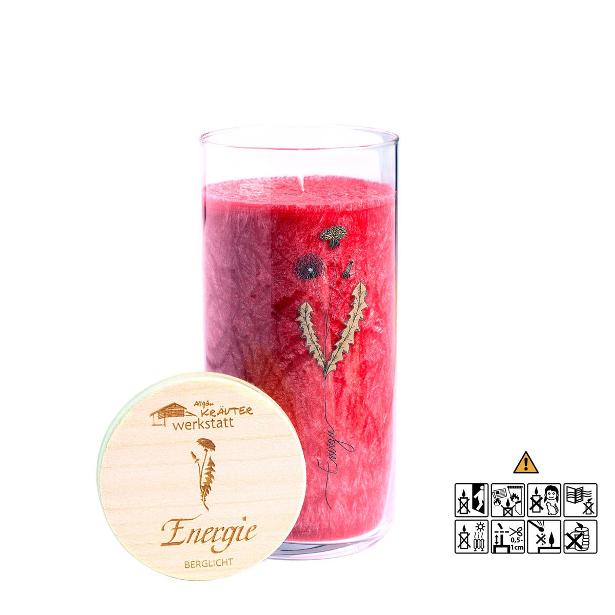 Kräuterkerze im Glas mit einer Gravur eines Löwnzahns