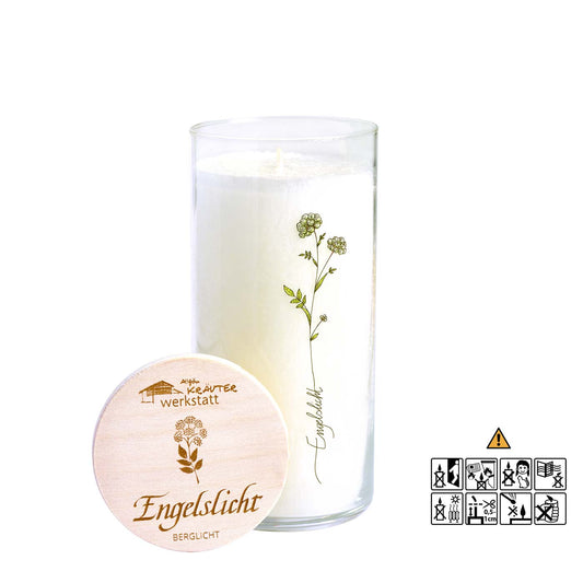 Kräuterkerze Engeslicht im Glas . Gravur ist ein Engelwurz