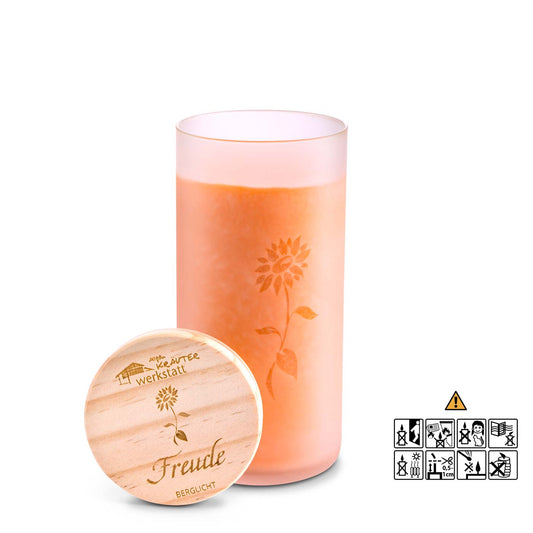 Kräuterkerze im Glas mit einer Sonnenblumen gravur im Glas