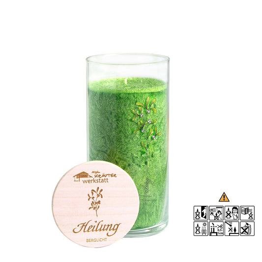 Kräuterkerze im Glas mit einer Gravur von einer Mistel