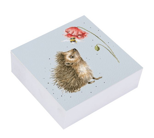 „Quadratischer Haftnotizblock mit 250 Blättern, Motiv ‚Busy as a Bee‘, Maße 80 x 80 x 23 mm, plastikfrei in Kartenhülle verpackt.“