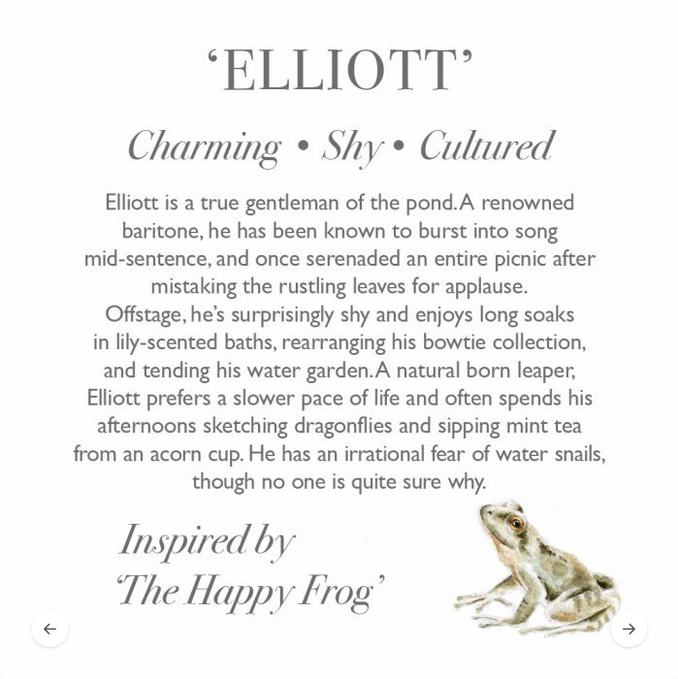 Der kuschelige Plüschfrosch Elliot Junior begeistert mit seinem charmanten Design und hochwertigen Stoffen. Inspiriert von „The Happy Frog“, mit Geschenkanhänger versehen und ab Geburt geeignet.