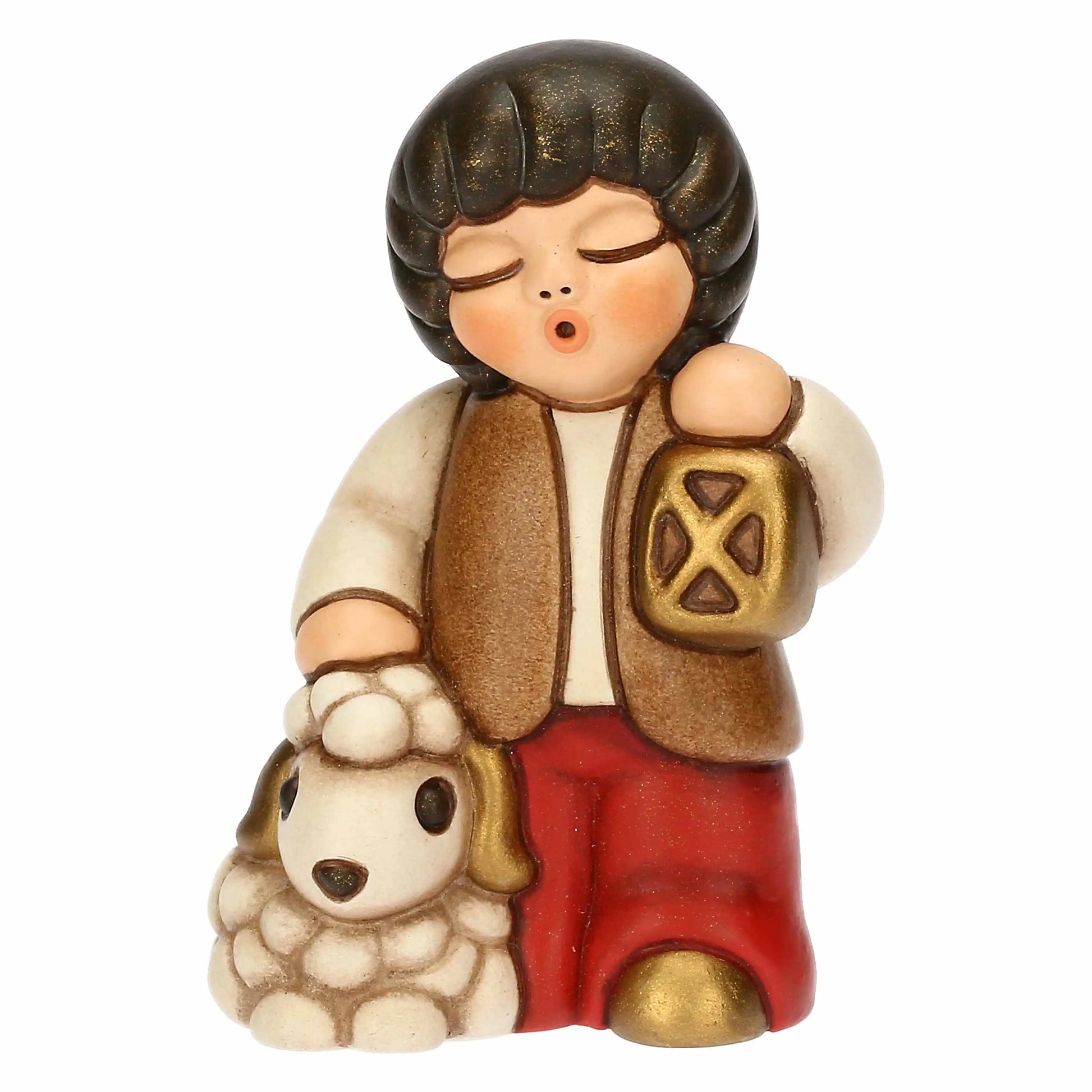 Thun Krippenfigur Kind mit Schaf und Laterne in rot
