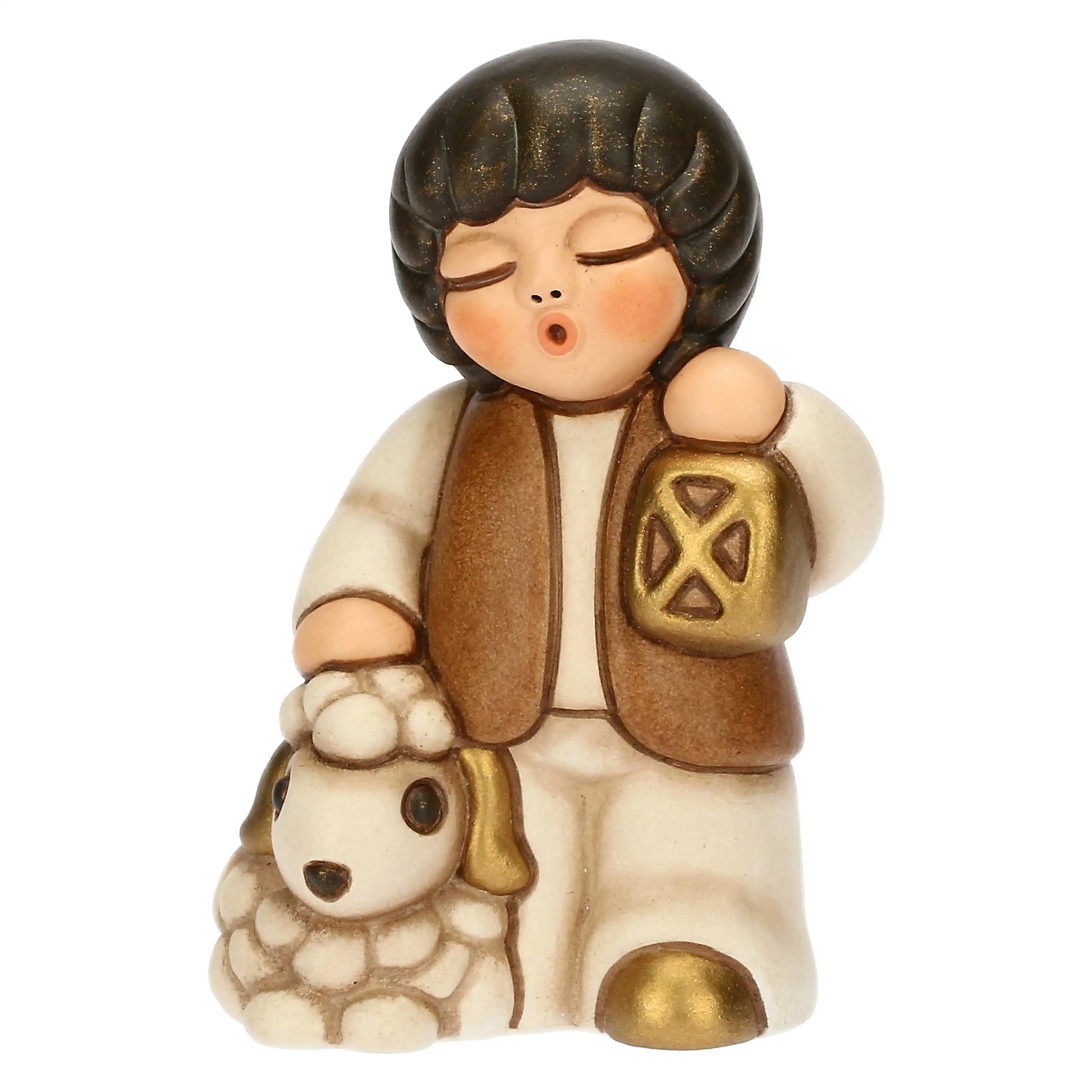 Thun Krippenfigur Kind mit Schaf und Laterne in champagner mti braun