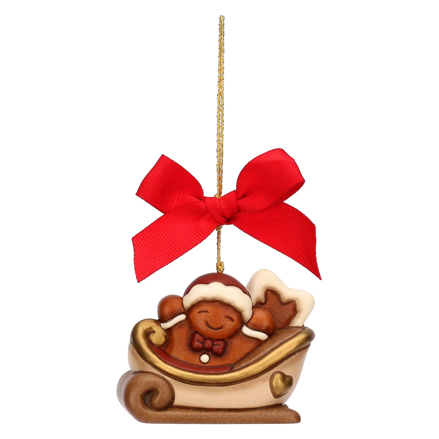 Christbaumschmuck von Thun – handbemalter Lebkuchenmann im Schlitten aus Keramik, festliche Weihnachtsdekoration mit liebevollen Details.