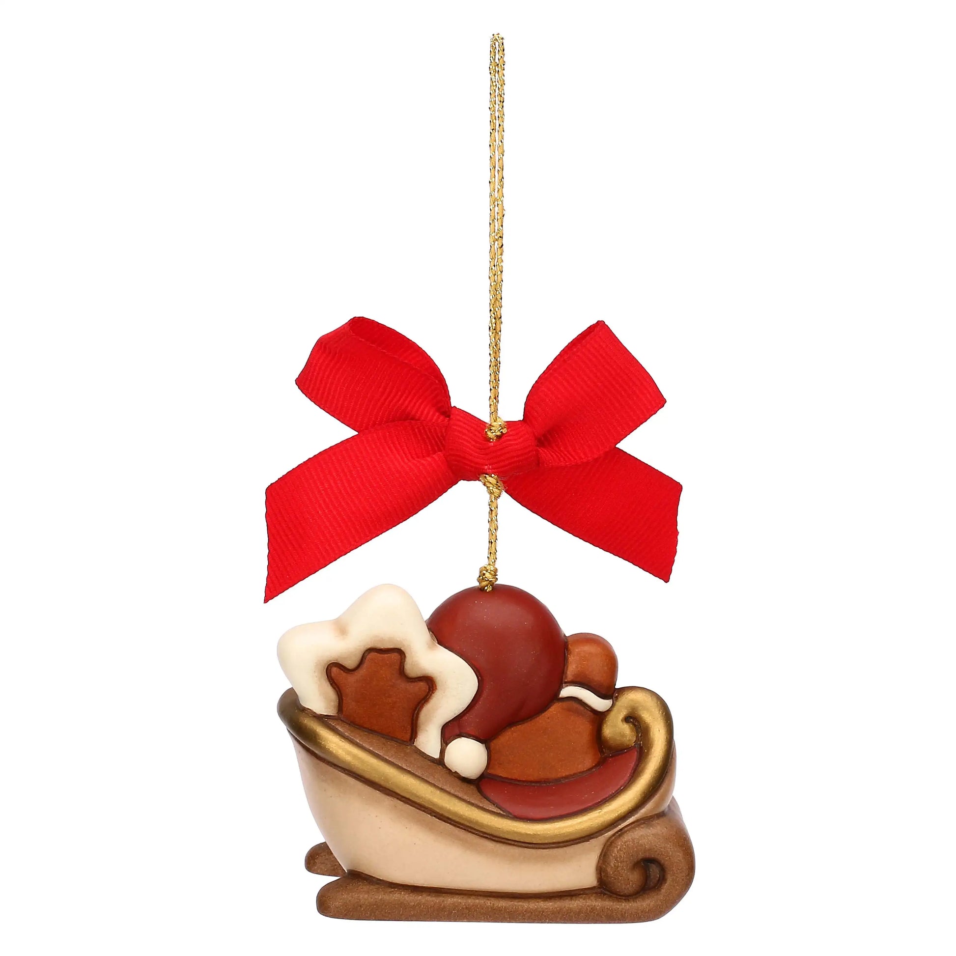 Christbaumschmuck von Thun – handbemalter Lebkuchenmann im Schlitten aus Keramik, festliche Weihnachtsdekoration mit liebevollen Details.
