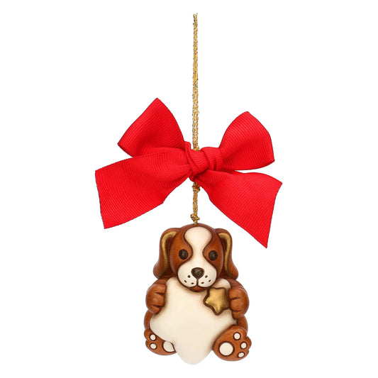 Christbaumschmuck Hund mit Stern von Thun – handbemalter Keramikanhänger als festliche Dekoration für den Weihnachtsbaum.