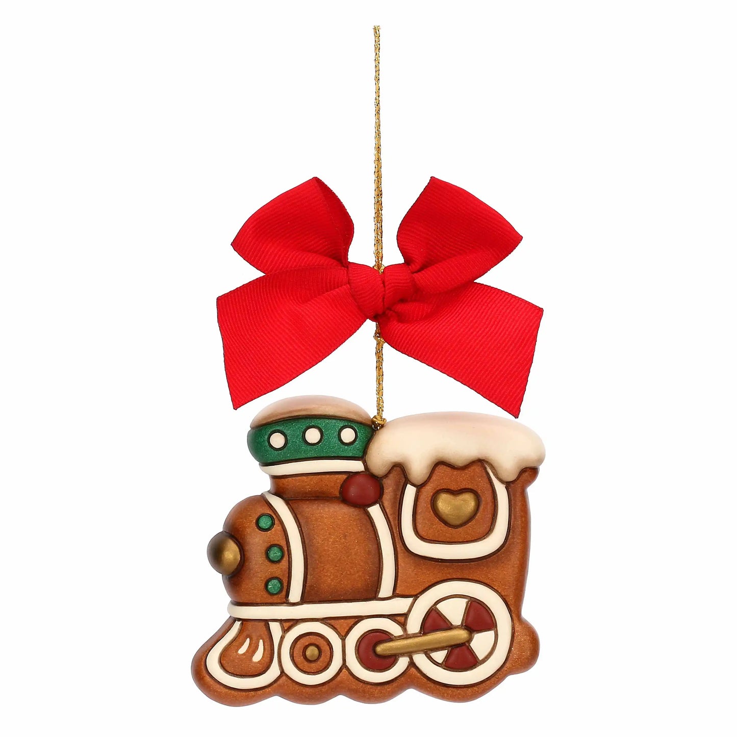 Thun Keramik Weihnachtsschmuck – handgefertigter Christbaumanhänger in Form einer Lokomotive in Lebkuchenoptik, liebevoll bemalt und detailreich gestaltet.