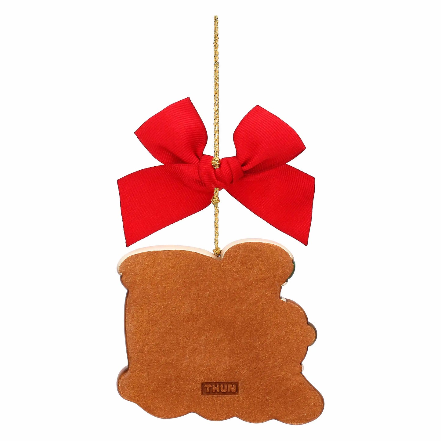 Thun Keramik Weihnachtsschmuck – handgefertigter Christbaumanhänger in Form einer Lokomotive in Lebkuchenoptik, liebevoll bemalt und detailreich gestaltet.