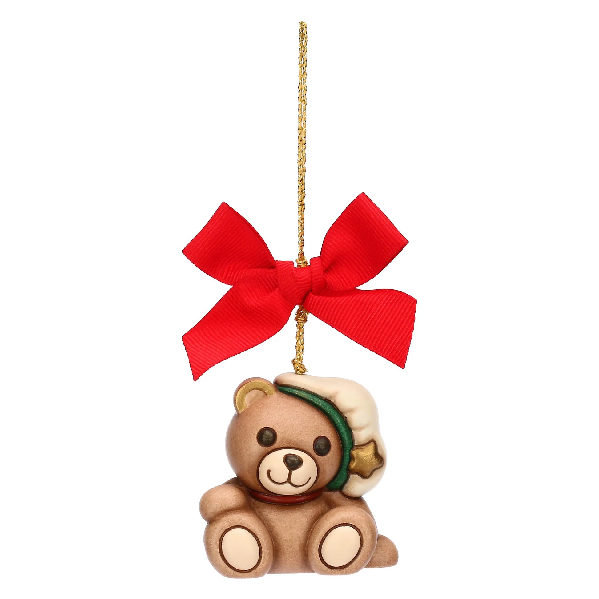 Christbaumschmuck Teddy mit Kochmütze und Stern von Thun – handbemalter Keramikanhänger als festliche Weihnachtsdekoration.