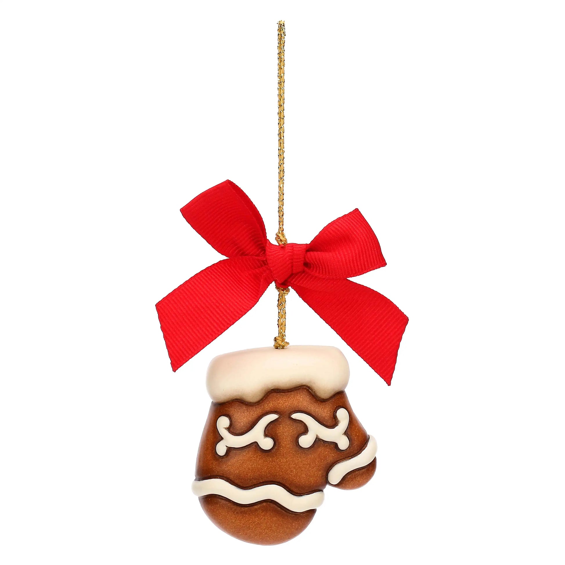 Handgefertigter Thun-Keramik Christbaumanhänger – Handschuhe in Lebkuchenoptik, detailreich bemalt und liebevoll gestaltet für Weihnachtsbaum und Adventsdekoration.