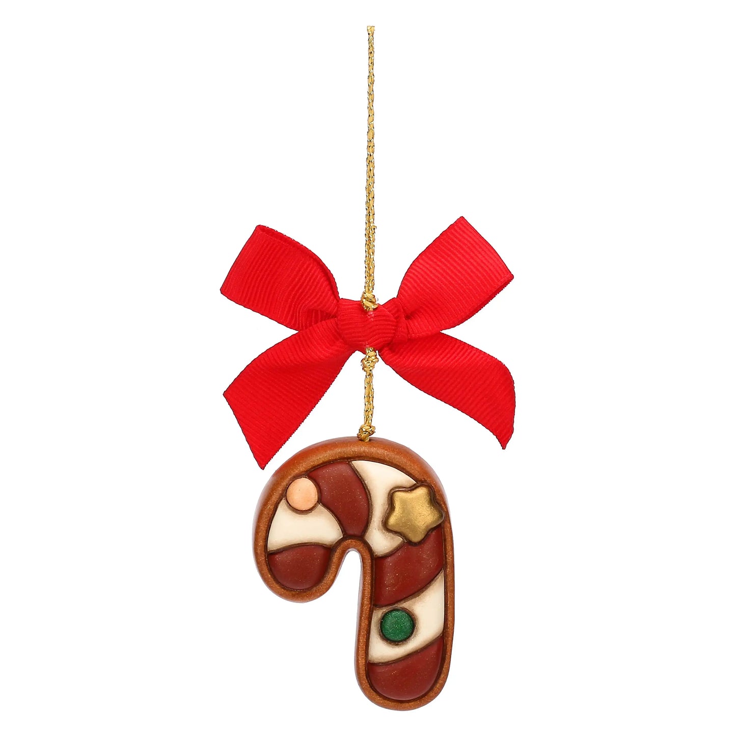 Handgefertigter Thun-Keramik Christbaumanhänger – Zuckerstange in Lebkuchenoptik, detailreich bemalt und liebevoll gestaltet für Weihnachtsbaum und Adventsdeko.