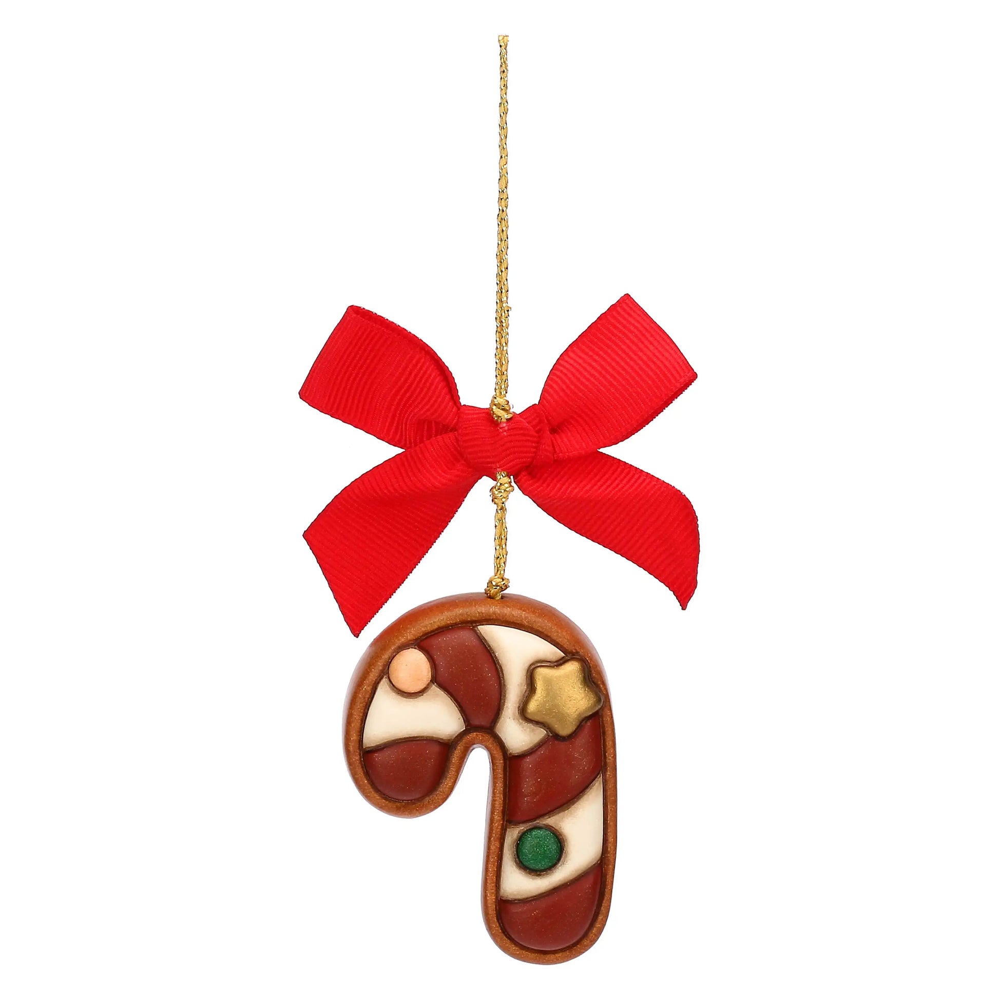 Handgefertigter Thun-Keramik Christbaumanhänger – Zuckerstange in Lebkuchenoptik, detailreich bemalt und liebevoll gestaltet für Weihnachtsbaum und Adventsdeko.