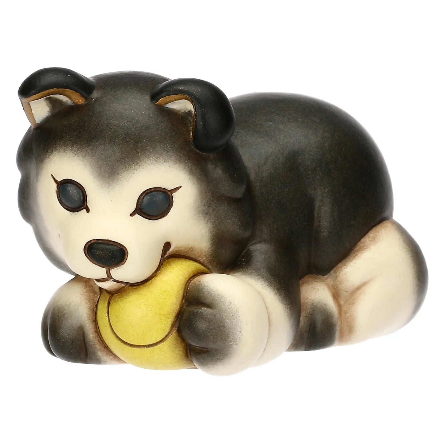 Winterliche Keramikfigur Husky Polo mit Ball – dekorativer Blickfang und Geschenk