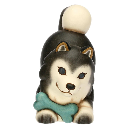 Handbemalte Thun Keramikfigur Husky Polo mit Knochen – liebevoll und detailreich gestaltet