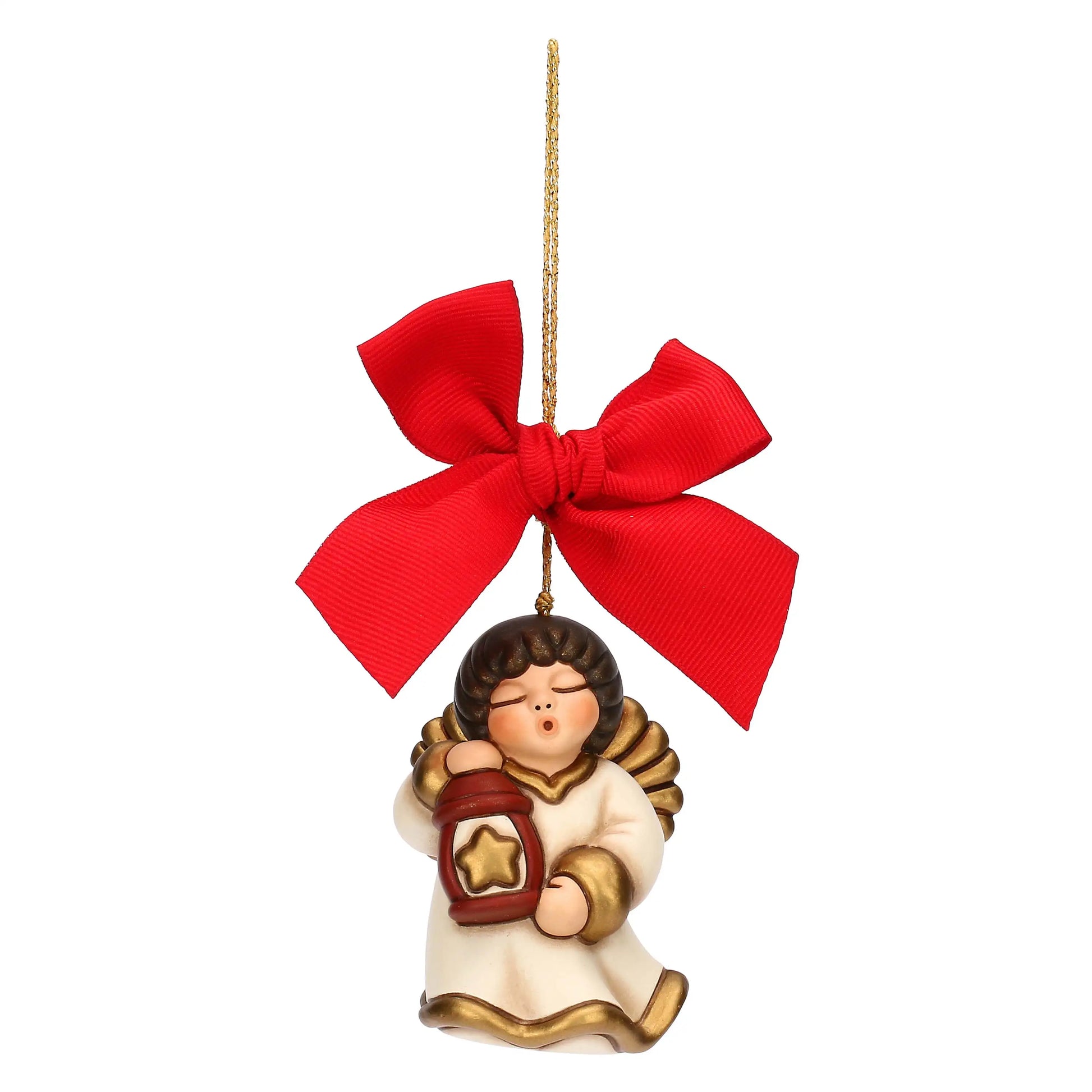 „Handbemalter Thun-Christbaumschmuck: Kleiner Engel aus Keramik mit Laterne, detailreich gestaltet und in sanften Farben bemalt.“