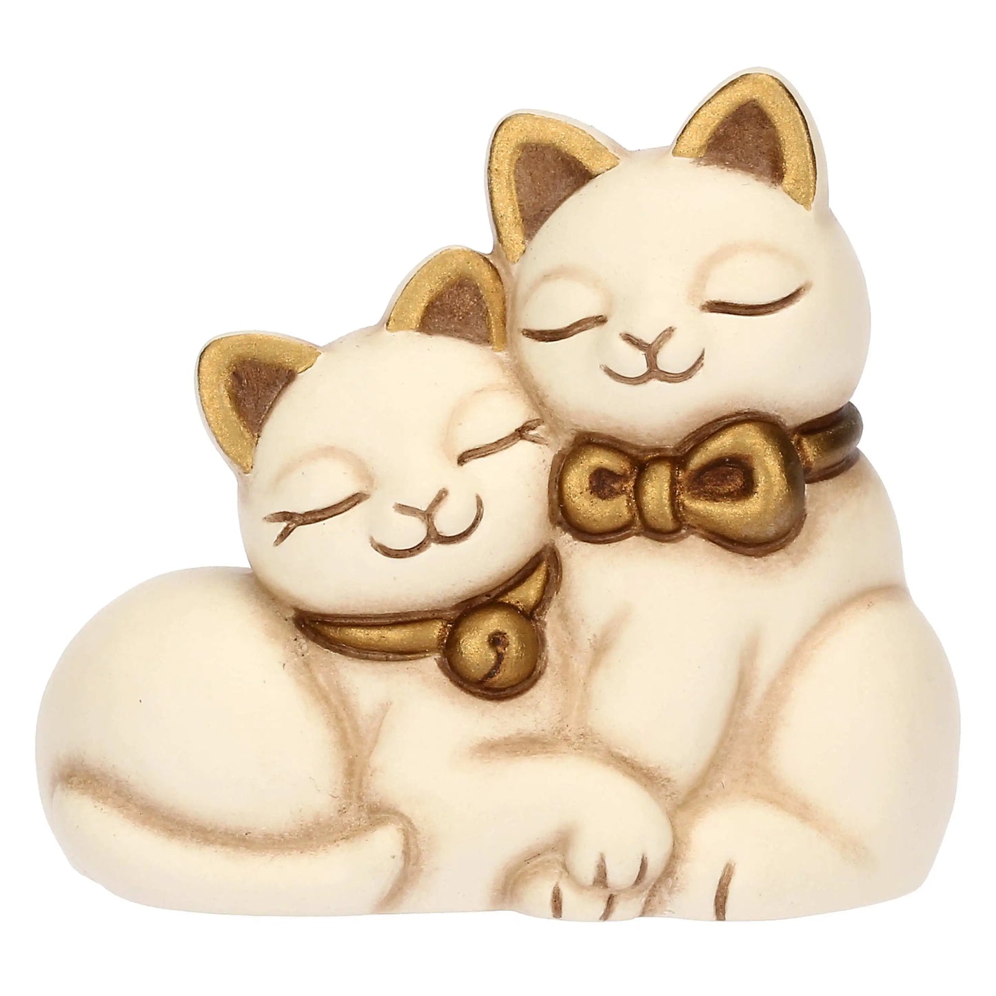 „Handbemaltes Keramik-Kätzchenpaar im THUN-Stil, zwei Katzen sitzen eng beieinander und strahlen Ruhe und Zuneigung aus.“