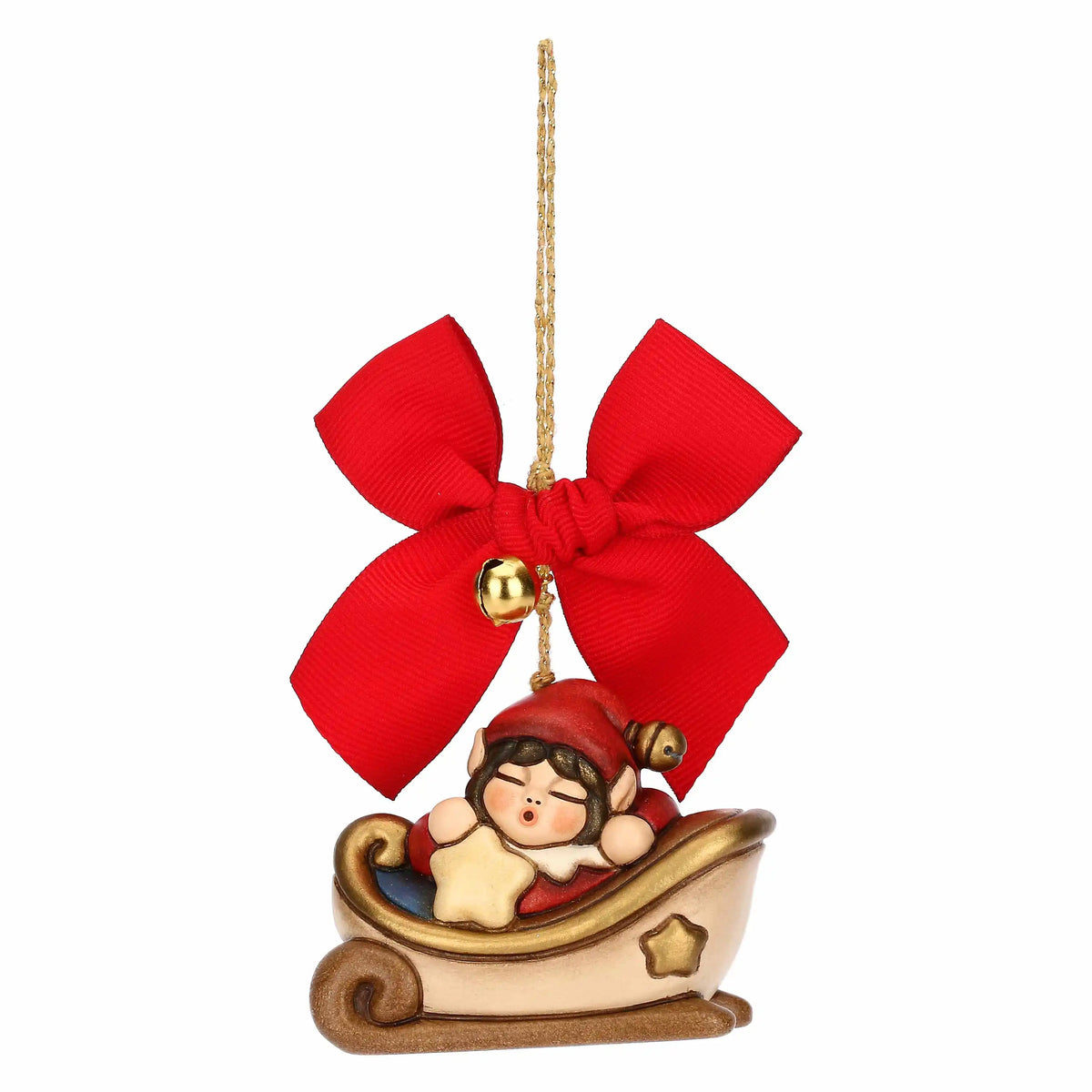 Großer Keramikschlitten mit Elf als nostalgischer Weihnachtsbaumschmuck