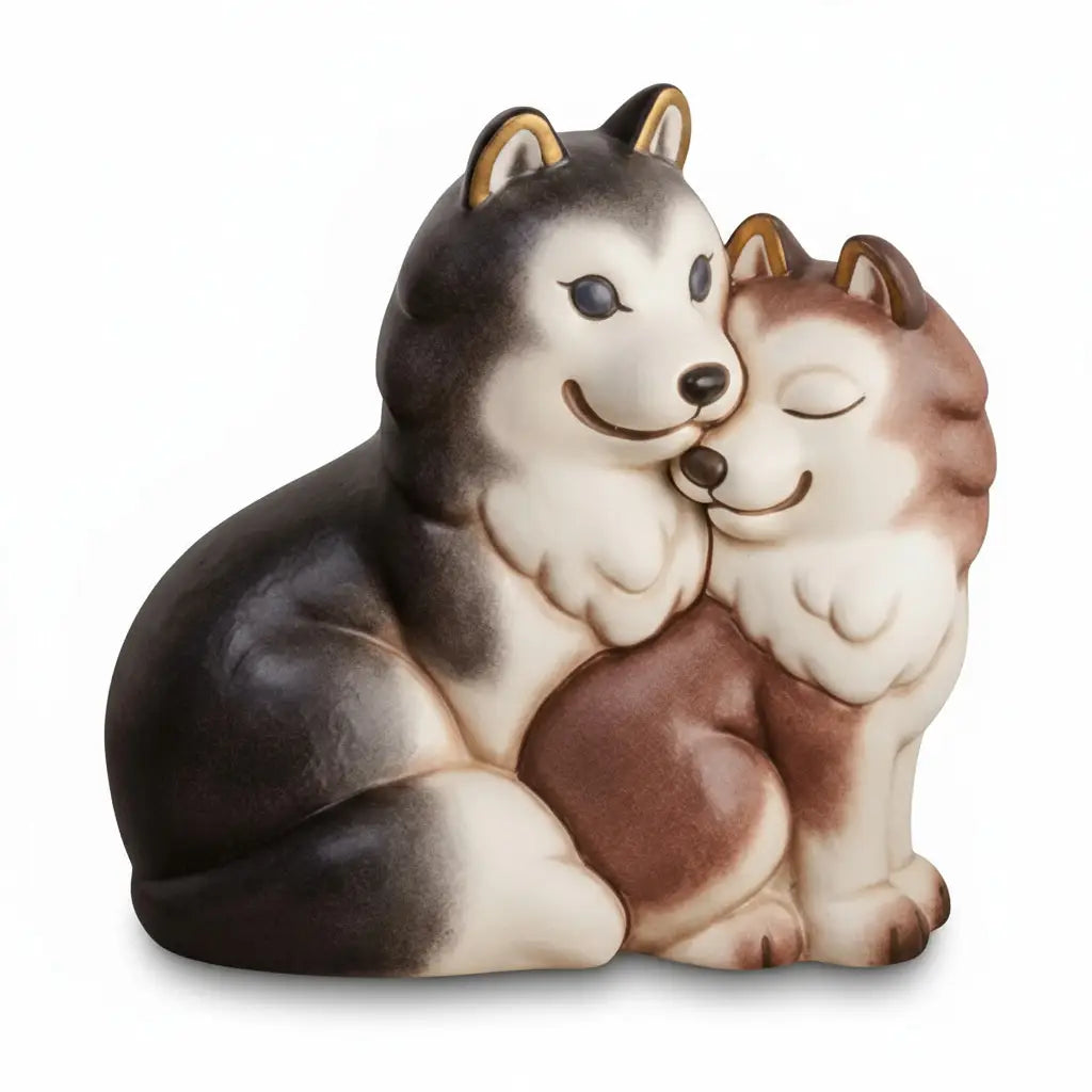 „Handdekoriertes Thun Husky-Paar Polo und Alaska aus Keramik – liebevoll gestaltete Figur als Symbol für Freundschaft und Zuneigung.“