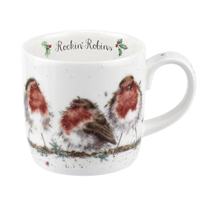 „Wrendale Designs Weihnachtstasse aus feinem Knochenporzellan mit drei Rotkehlchen-Motiv und Schriftzug ‚Rockin’ Robin‘ innen, spülmaschinen- und mikrowellengeeignet.“