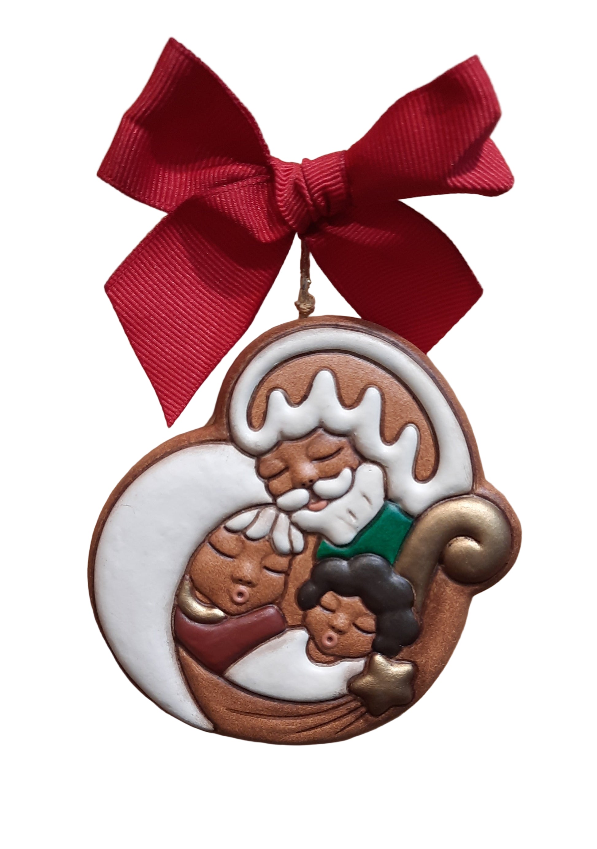 Heilige Familie aus Thun-Keramik als handgefertigter Weihnachtsanhänger – liebevoll gestalteter Christbaumschmuck mit Maria, Josef und dem Jesuskind.