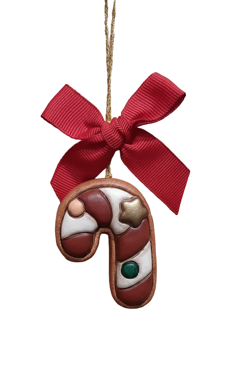 Handgefertigter Thun-Keramik Christbaumanhänger – Zuckerstange in Lebkuchenoptik, detailreich bemalt und liebevoll gestaltet für Weihnachtsbaum und Adventsdeko.