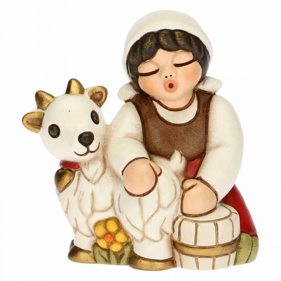 Krippenfigur Ziegenmelkerin mit Ziege zur klassischen Krippe von Thun in rot