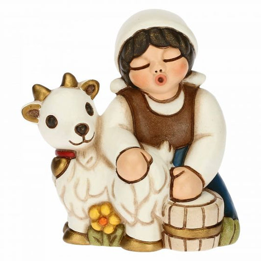 Krippenfigur Ziegenmelkerin mit Ziege zur klassischen Krippe von Thun in blau