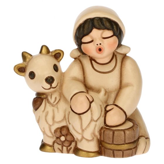 Krippenfigur Ziegenmelkerin mit Ziege zur klassischen Krippe von Thun in beige