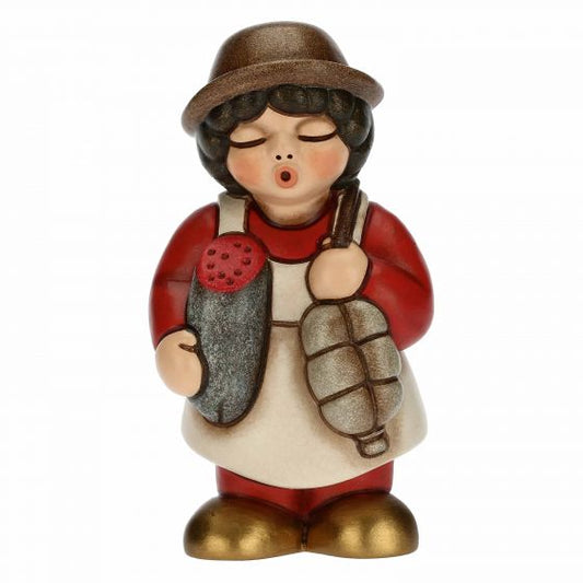 Krippenfigur Kind mit Apfel zur klassischen Krippe von Thun in rot