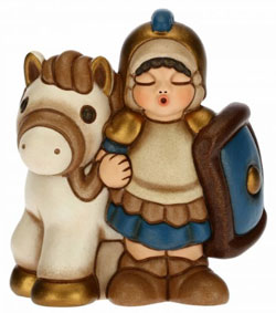 Krippenfigur Soldat mit Pferd zur klassischen Krippe von Thun in blau